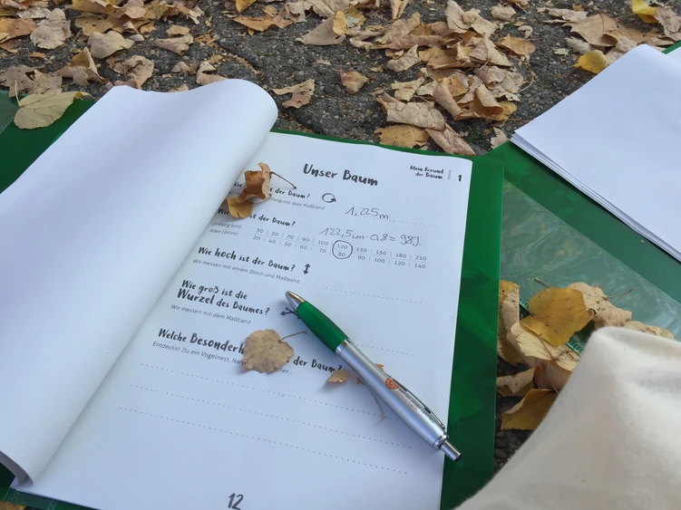 Handgeschriebener Zettel mit Stift und Herbstbl&auml;ttern auf gr&uuml;nem Untergrund im Freien.